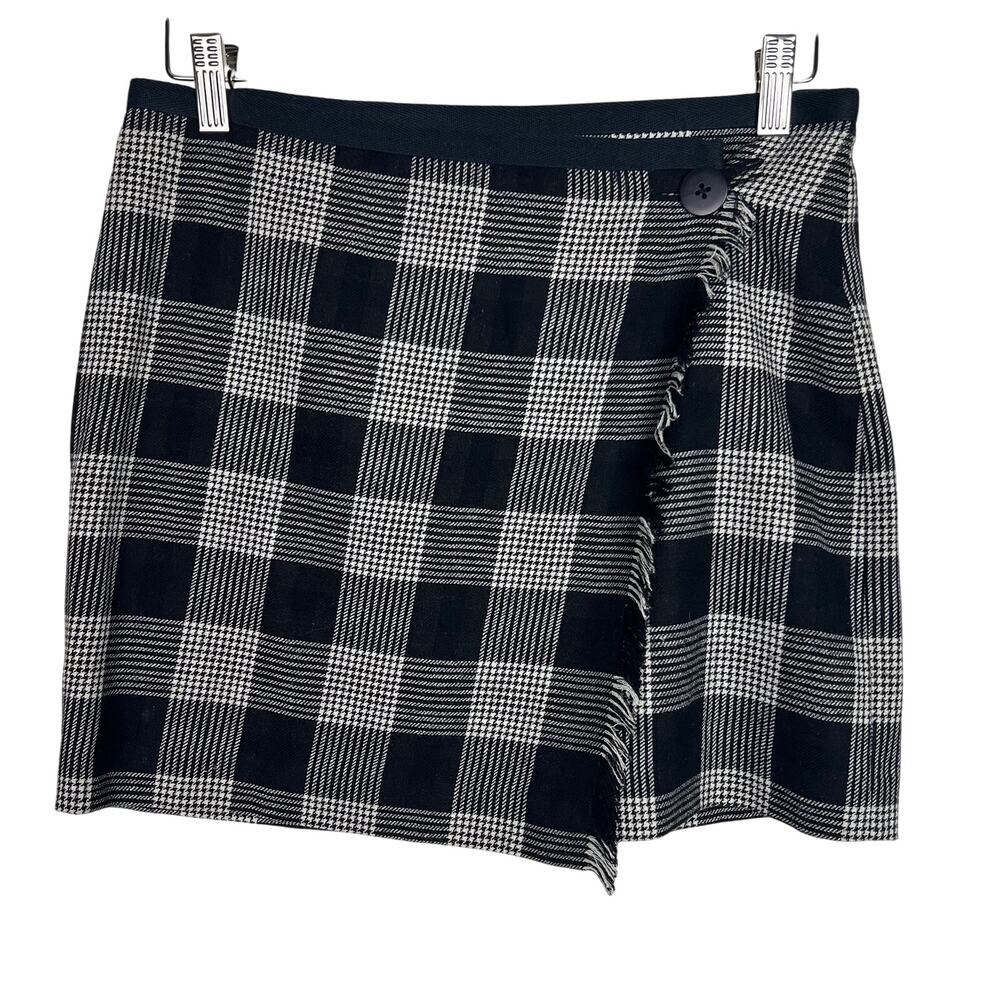 Madewell Size 4 Black and White Houndstooth Plaid Wool Blend Wrap Mini Skirt